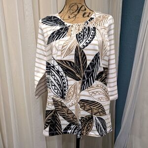 Alfred Dunner 3/4 Sleeve Batik Leaves Stripe Top